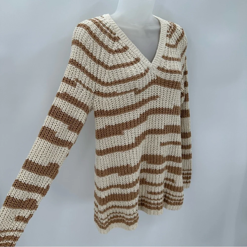 J. Jill Sweater Womens M Striped VNeck Cream Tan Pullover Long Sleeve Classic